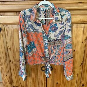 Rose and Olive Blouse Button Up Top Paisley Cream Tie Waist Women's Size Medium